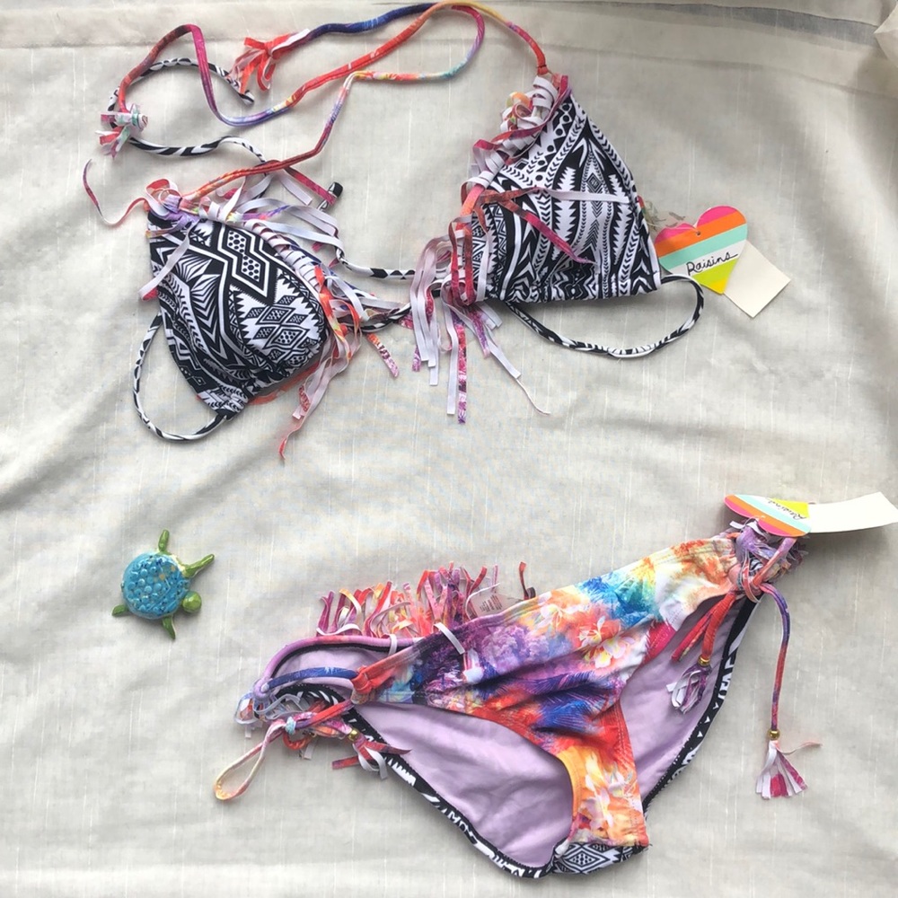 NWT Raisins Tribal Floral Fringe Bikini